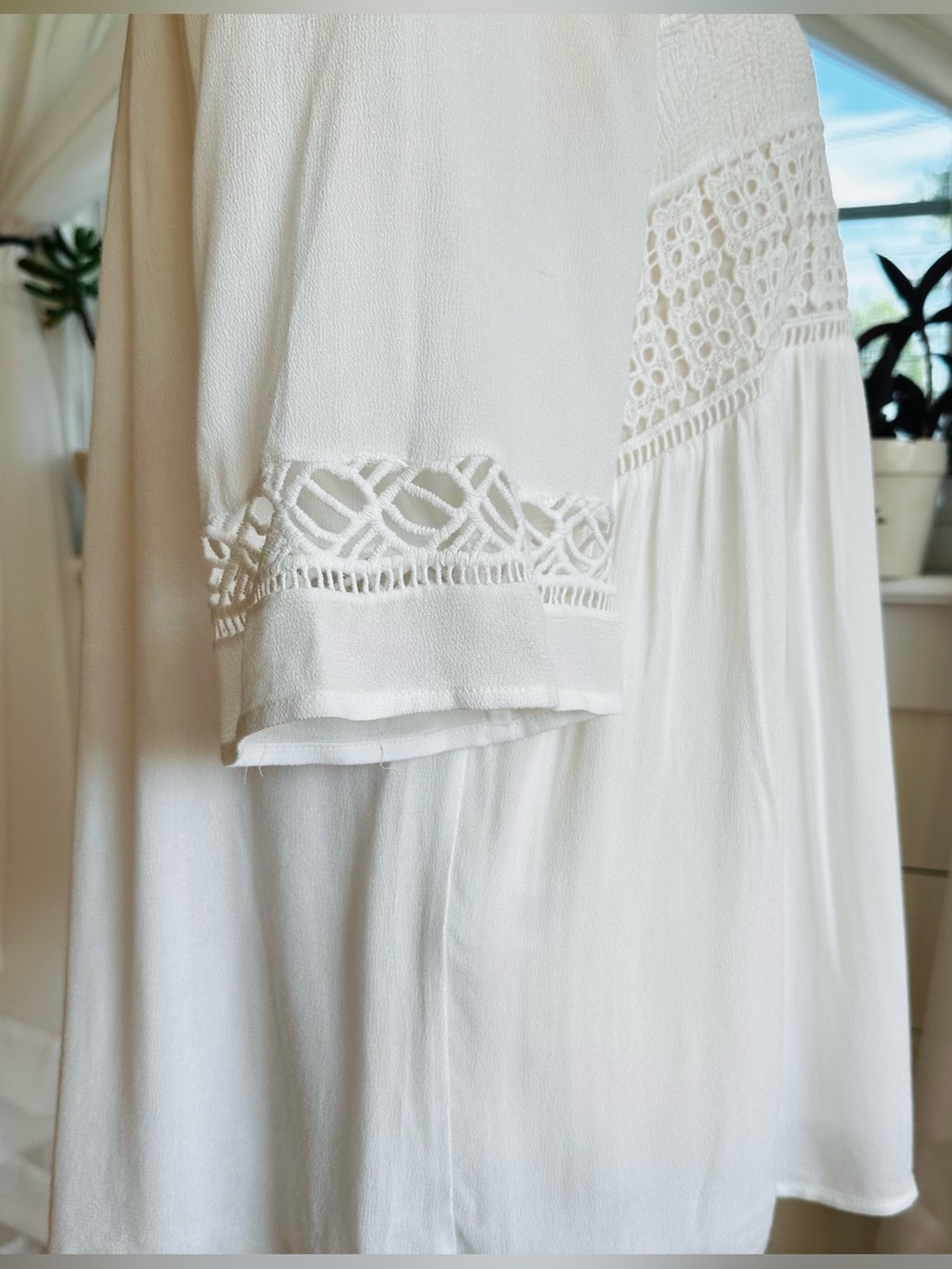 Pale Sky White “Levana" Crochet lightweight, bohemian-style peasant blouse. - Picture 7 of 9